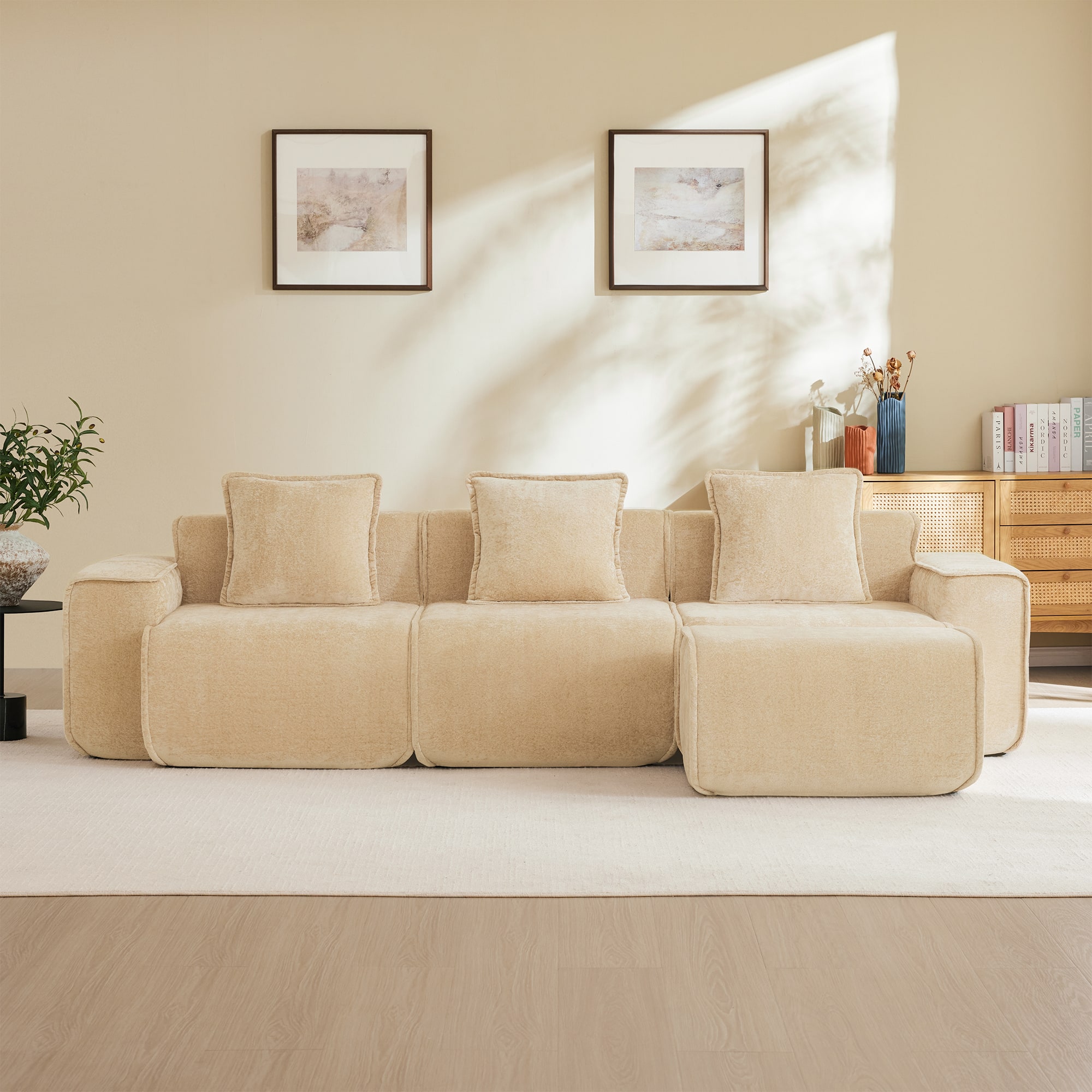 Aukfa - Streamlined 3-Seat L-Shape Boneless Sectional Sofa - French Edge Piping, No Assembly, Throw Pillows & Ottoman, Velvet - Camel