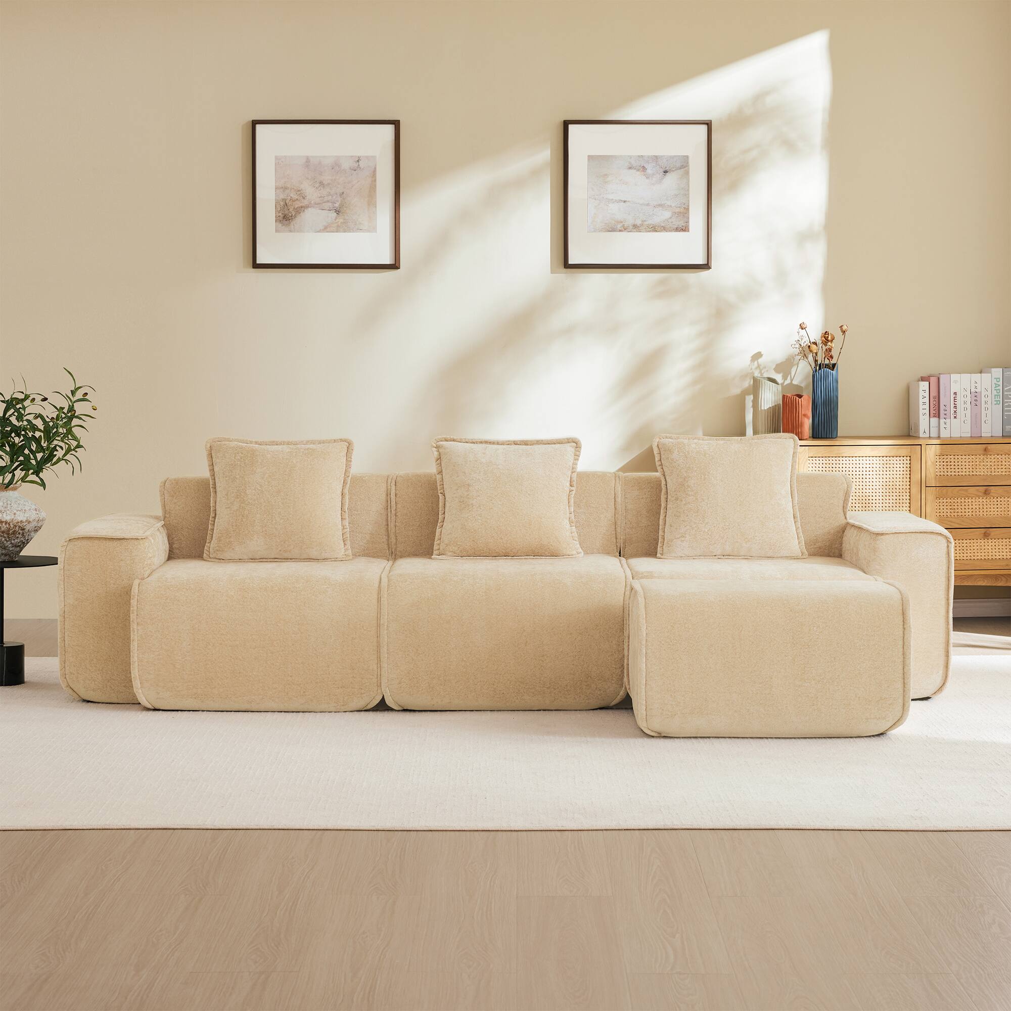 Aukfa - Streamlined 3-Seat L-Shape Boneless Sectional Sofa - French Edge Piping, No Assembly, Throw Pillows & Ottoman, Velvet - Camel