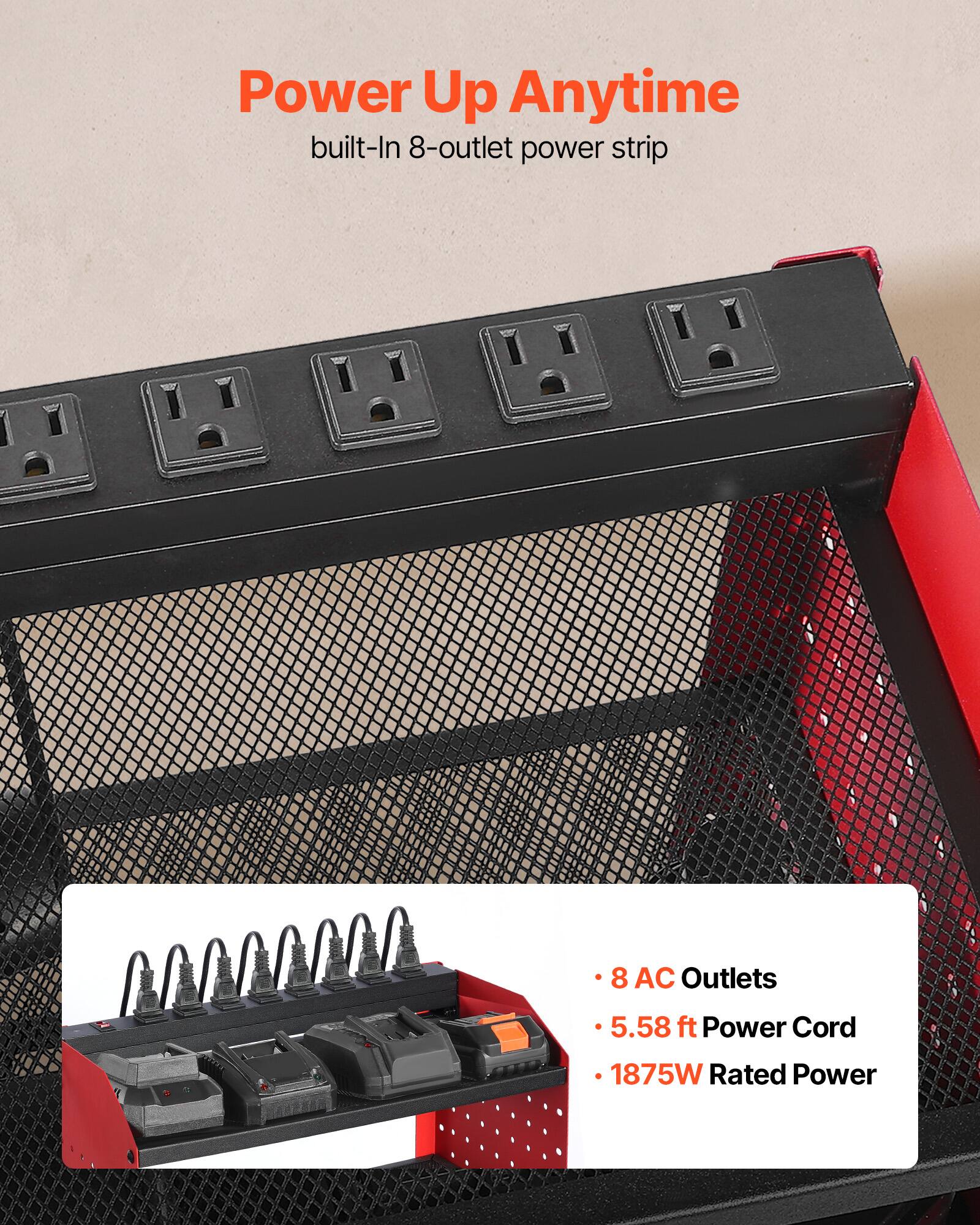Power Up Anytime  
built-In 8-outlet power strip  

- 8 AC Outlets  
- 5.58 ft Power Cord  
- 1875W Rated Power