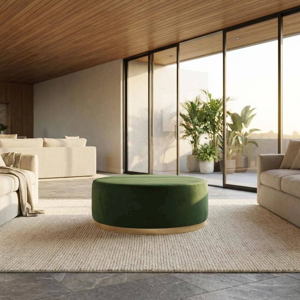 Angle. Outdoor Escape - Performance Velvet Upholstered Outdoor Ottoman In Neutral Color - Green.