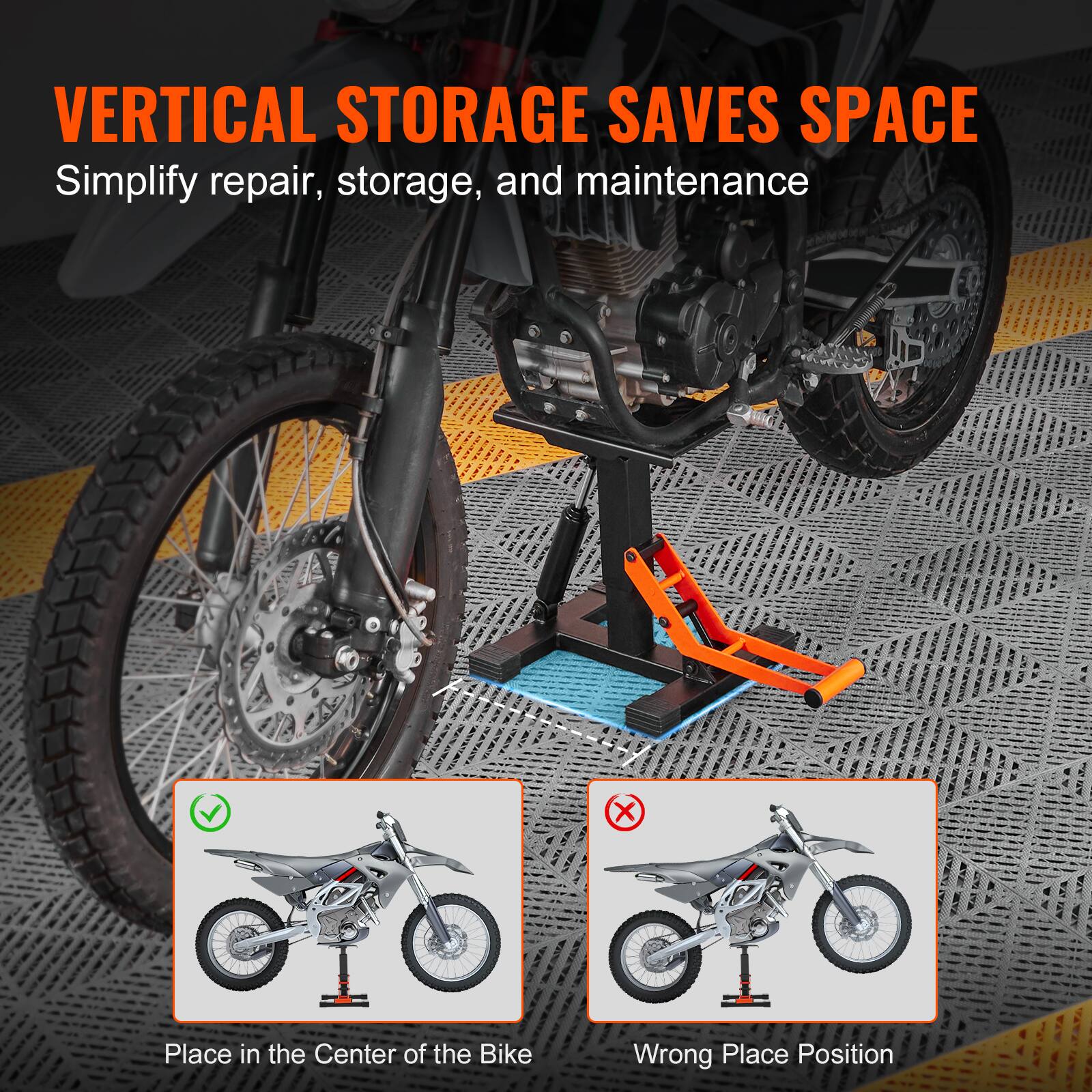 VERTICAL STORAGE SAVES SPACE  
Simplify repair, storage, and maintenance  

Place in the Center of the Bike  
Wrong Place Position
