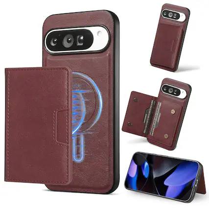 Front. Dteck - 2 in 1 Detachable Magnetic Case For Google Pixel 10 Pro XL, Shockproof 5 Card Slots Kickstand PU Leather Flip Cover - Winered.