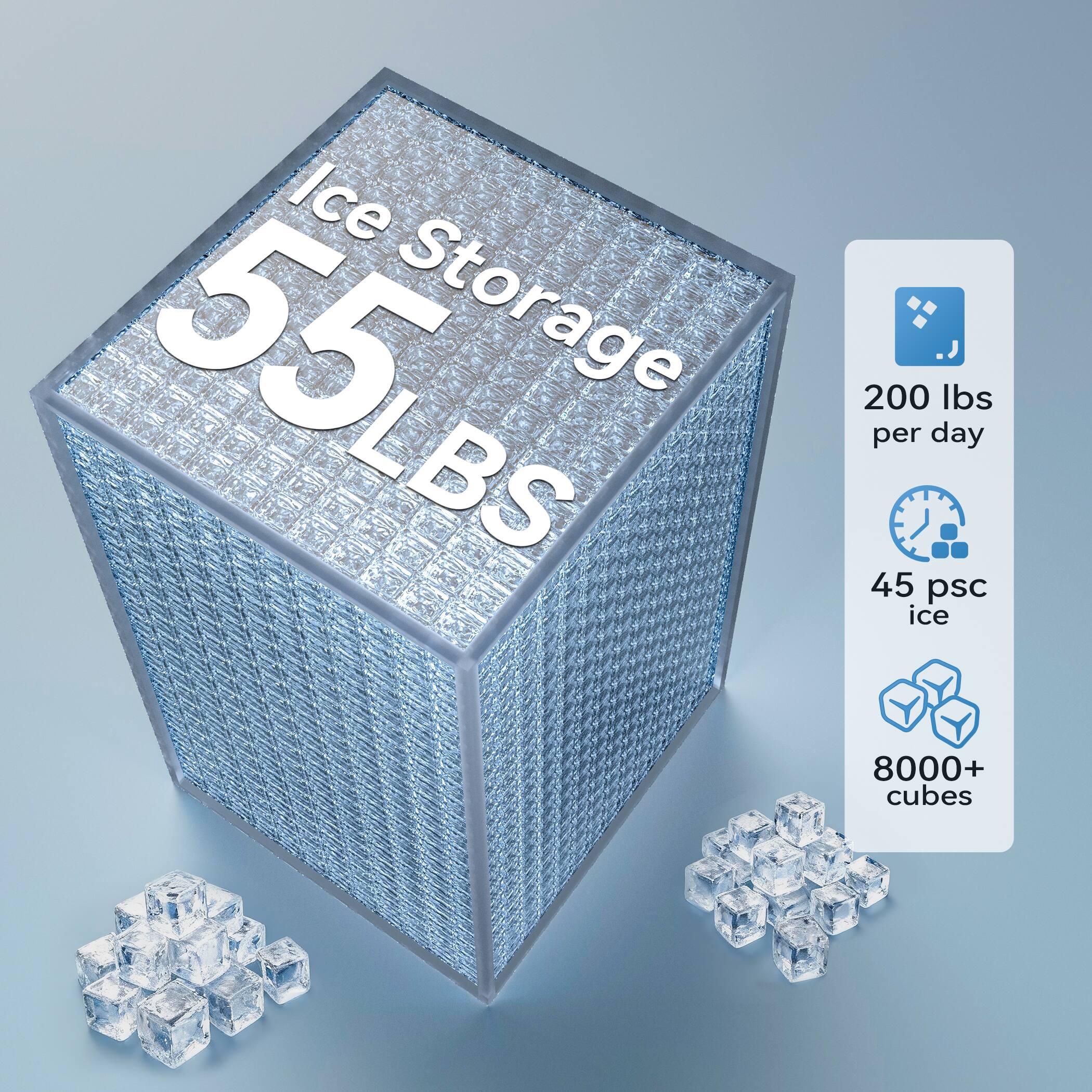 Ice Storage 55LBS  
200 lbs per day  
45 psc ice  
8000+ cubes