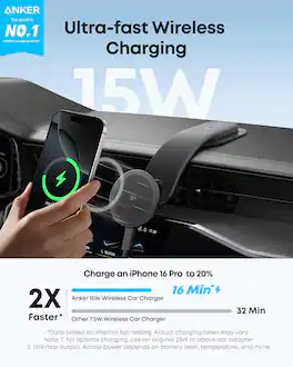 Anker - Nano Magnetic Wireless Car Charger, 360° Adjustable Mount Car Charger with Detachable Pad (Adapter Included) - Black