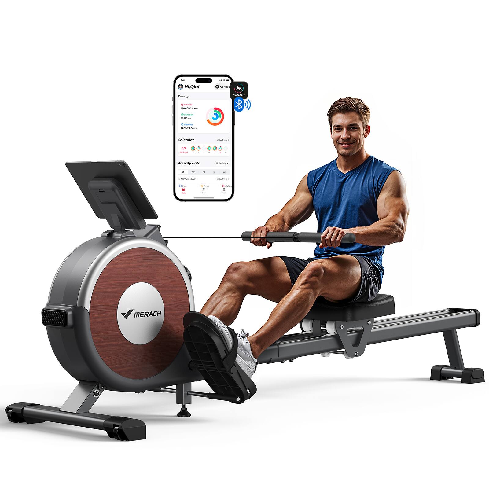 Left. MERACH - MERACH Q1S Magnetic Rowing Machine 16 Levels of Quiet Resistance Dual Slide Rail 350lb Weight Capacity App Compatible - Black.