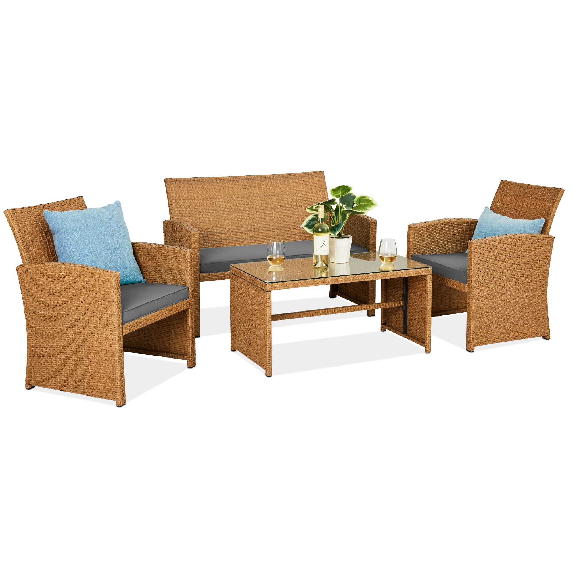 Best Choice Products - 4-Piece Outdoor Wicker Patio Conversation Furniture Set w/ Table, Cushions - Natural/Gray