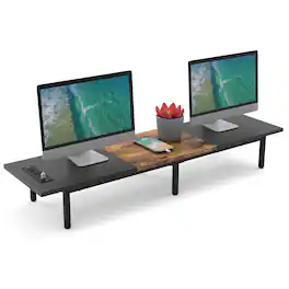 Oumilen - Long Dual Monitor Stand with Charging Station, Black & Rustic - Brown