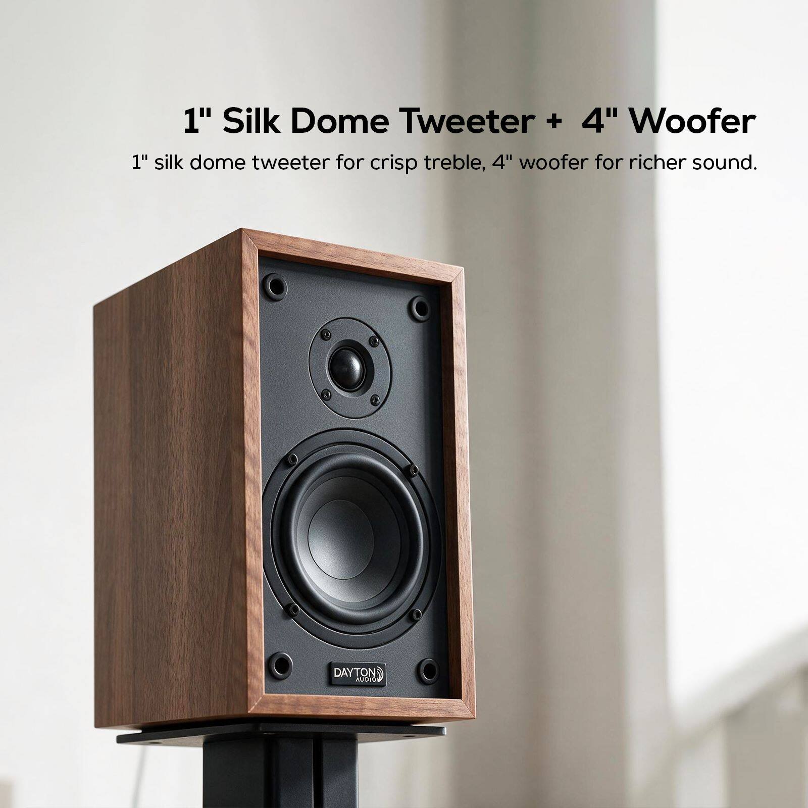 1" Silk Dome Tweeter + 4" Woofer

1" silk dome tweeter for crisp treble, 4" woofer for richer sound.

DAYTON AUDIO