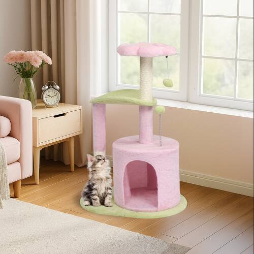 Winado - 33in Cat Tree Tower with Cat Scratching Post Condo 2-Toy Balls Pink House for Indoor - Pink & Green
