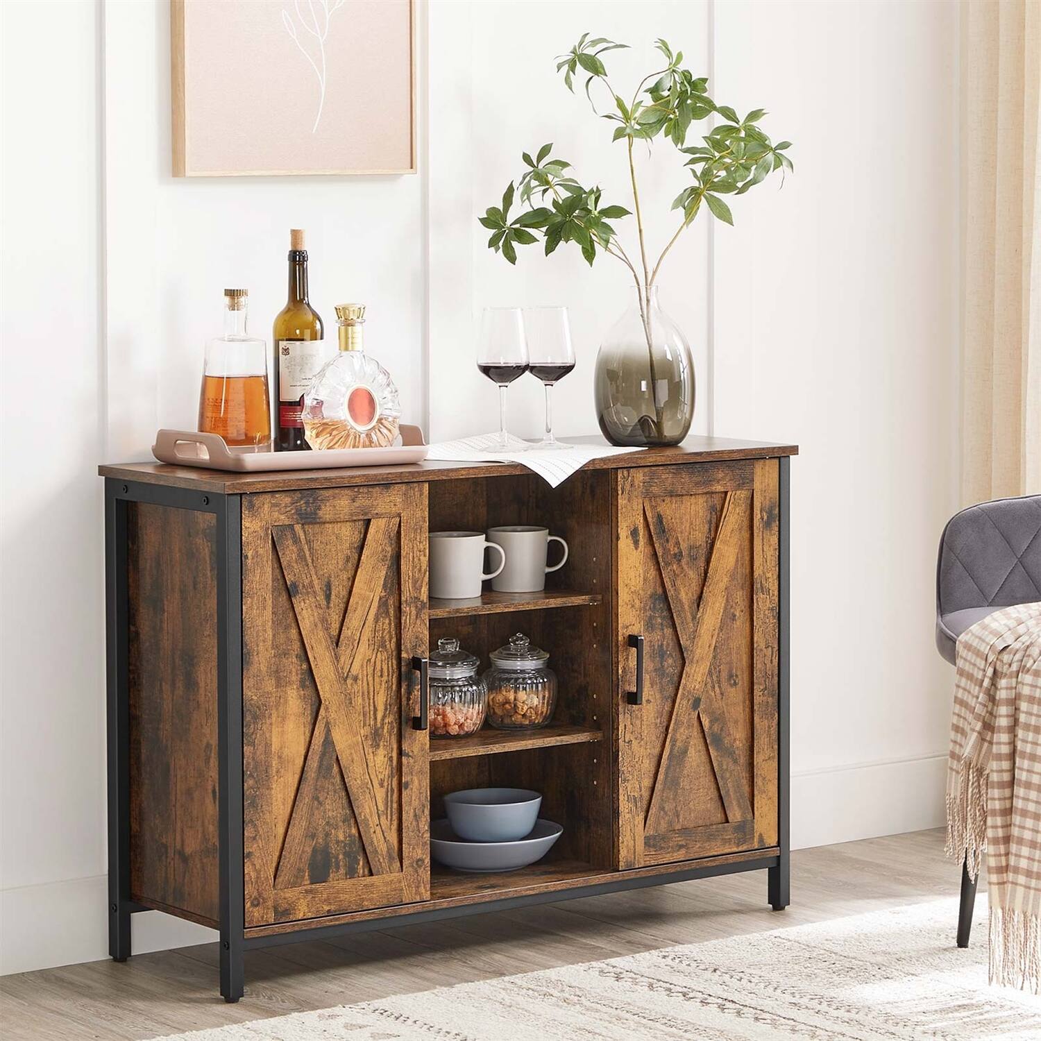 Left. Hivvago - Rustic FarmHome 2 Barn Door Sideboard with Cupboard and Shelves - Rustic Brown, Black.