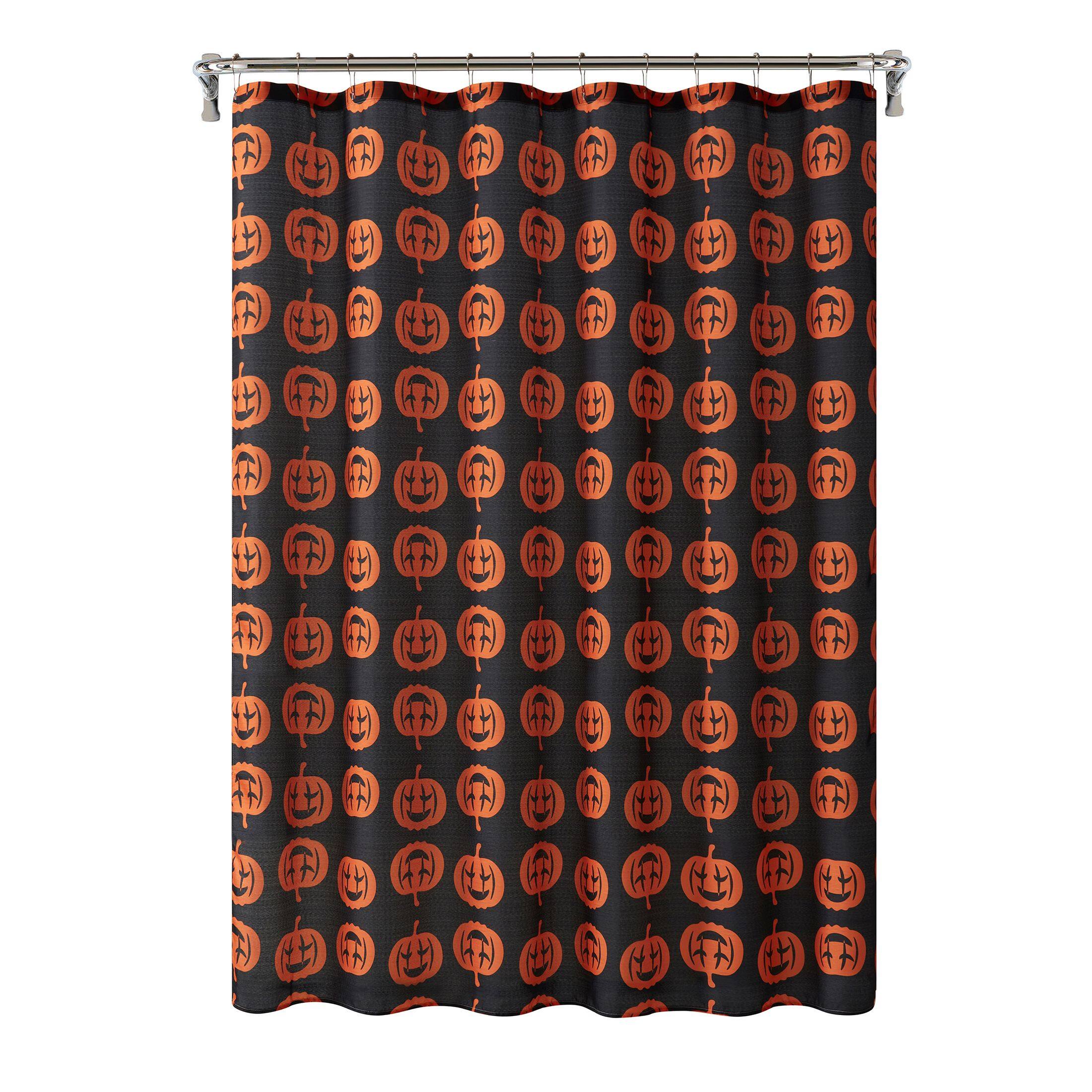 Angle. Kate Aurora - Kate Aurora Halloween Accents Black & Orange Spooky Jack O' Lanterns Fabric Shower Curtain - Standard Size - Black.