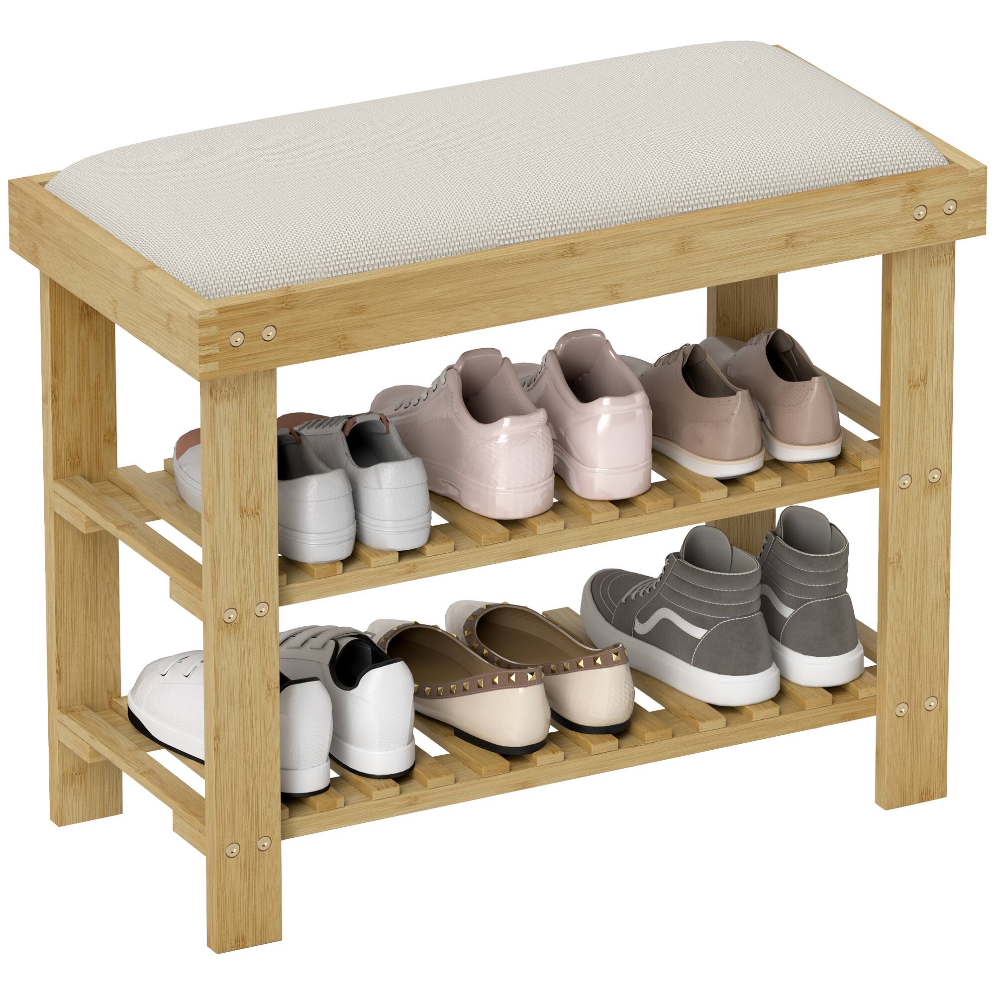Homcom - Bamboo Shoe Bench, 3-Tier Entryway Bench with Storage and Cushion, Shoe Organizer for Entryway, Hallway - Cream White