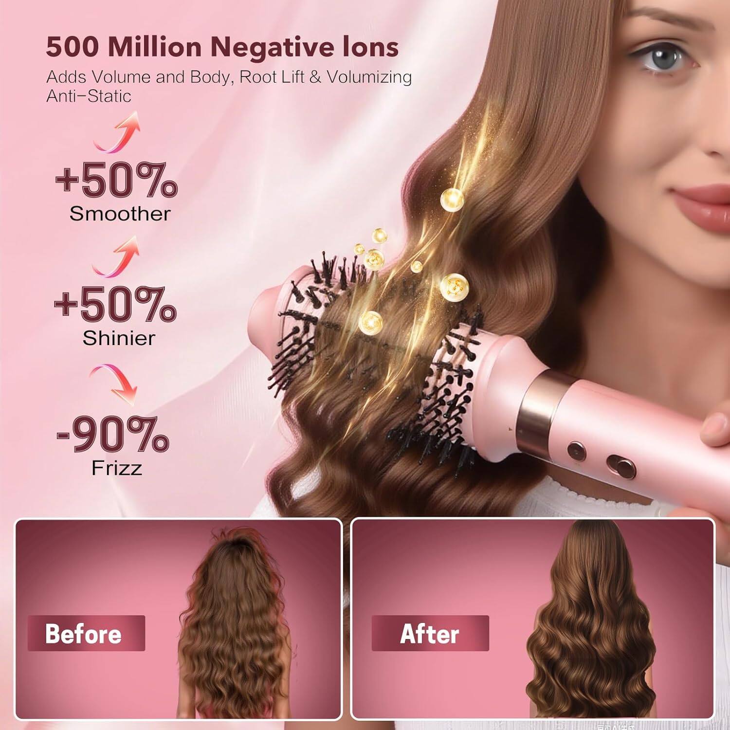 500 Million Negative Ions  
Adds Volume and Body, Root Lift & Volumizing  
Anti-Static  

+50% Smoother  
+50% Shinier  
-90% Frizz  

Before  
After