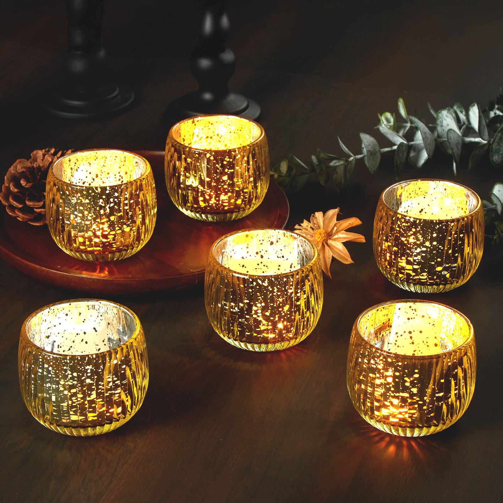 Alt View 5. IMAGE - Elegant Votive Gold Glass Tea Light Holders Set of 6 - Gold.