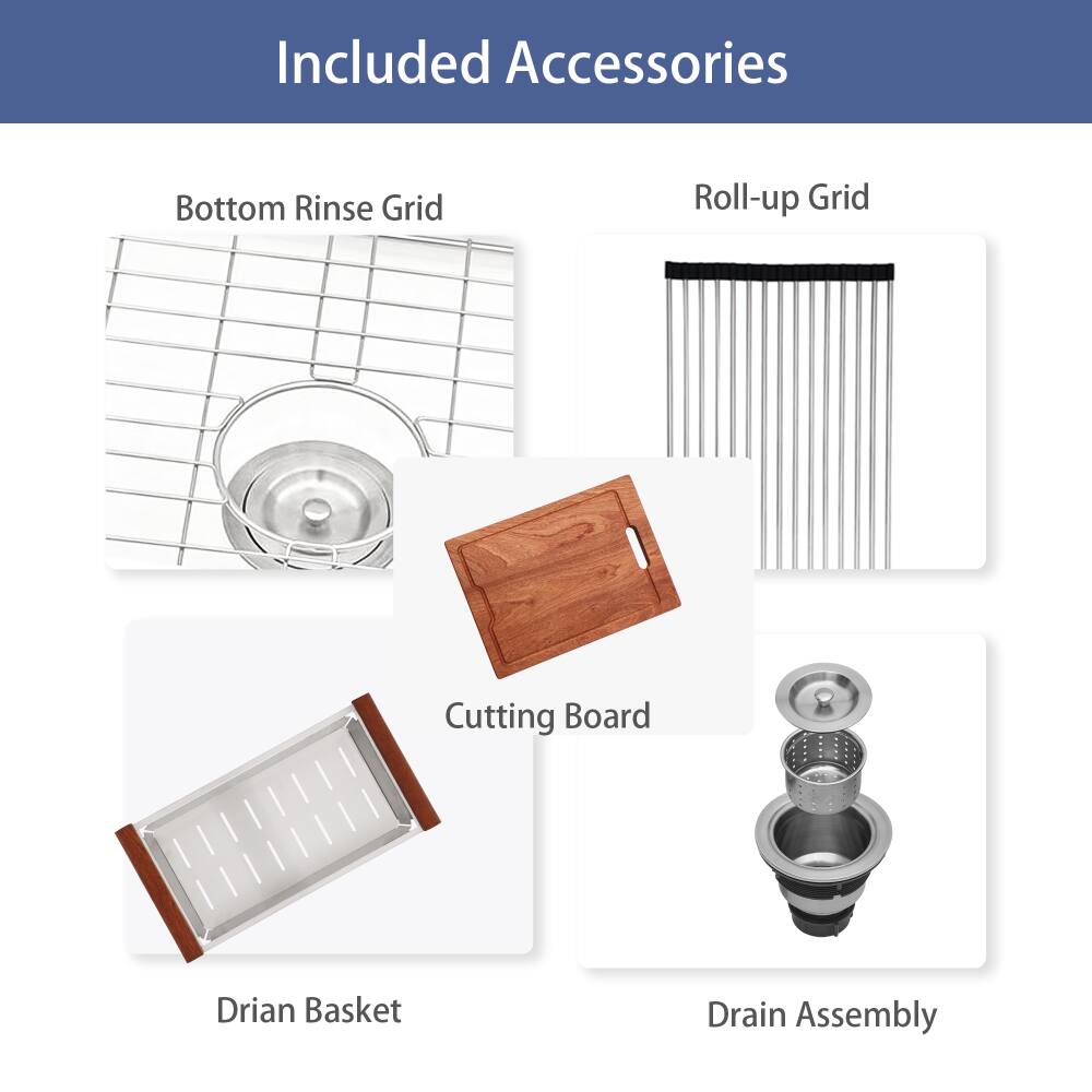 Included Accessories

- Bottom Rinse Grid
- Roll-up Grid
- Cutting Board
- Drian Basket
- Drain Assembly