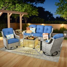 Ovios - 5 PCS Outdoor Patio Furniture Set with Side Table, Swivel Chairs & Solar Light Coffee Table - Diamond Blue