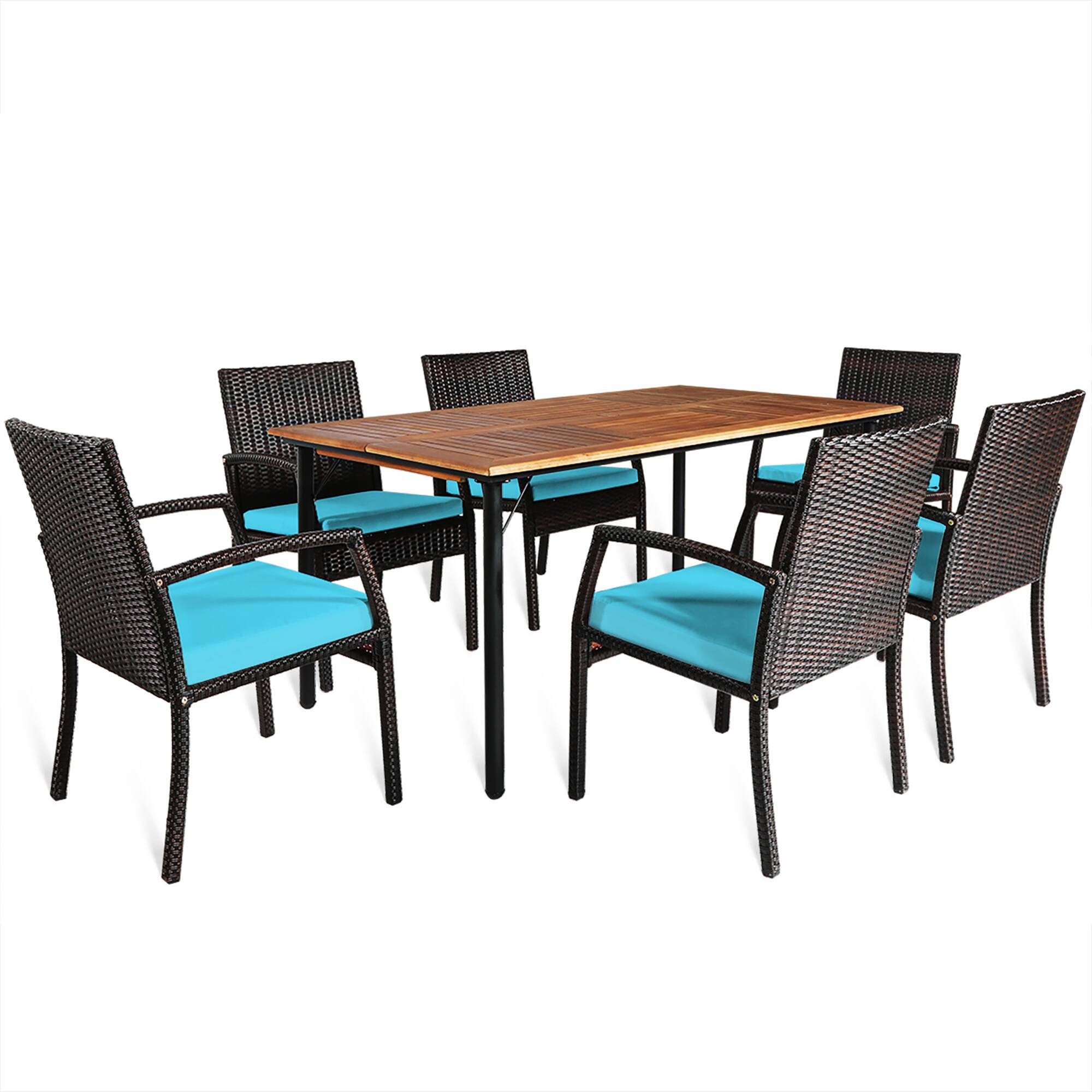 Alt View 1. Gymax - Gymax 7PCS Patio Dining Furniture Set Yard w/ Wooden Tabletop Turquoise Cushions - Turquoise.