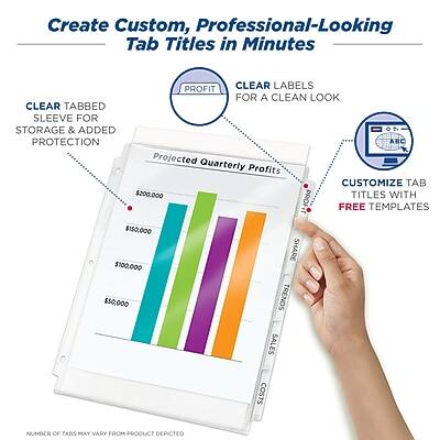 Create Custom, Professional-Looking Tab Titles in Minutes

- CLEAR TABBED SLEEVE FOR STORAGE & ADDED PROTECTION
- CLEAR LABELS FOR A CLEAN LOOK
- CUSTOMIZE TAB TITLES WITH FREE TEMPLATES

Projected Quarterly Profits
$200,000
$150,000
$100,000
$50,000

SHARE TRENDS SALES COSTS

PROFIT

NUMBER OF TABS MAY VARY FROM PRODUCT DEPICTED