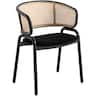 LeisureMod - Ervilla Mid-Century Modern Dining Arm Chair, Velvet Upholstered Seat with Rattan Back & Metal Base - Black
