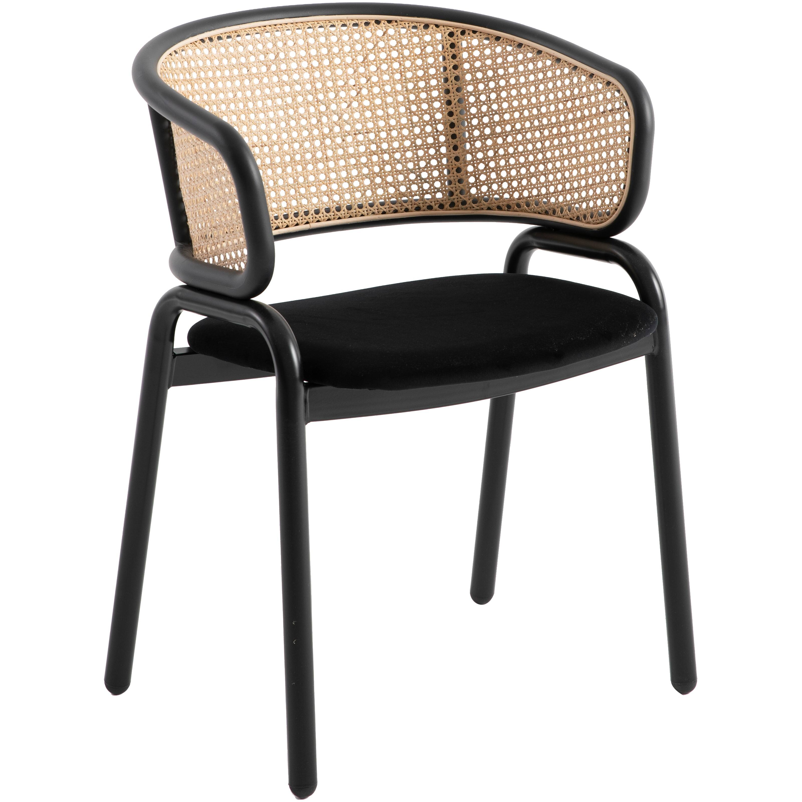 Front. LeisureMod - Ervilla Mid-Century Modern Dining Arm Chair, Velvet Upholstered Seat with Rattan Back & Metal Base - Black.