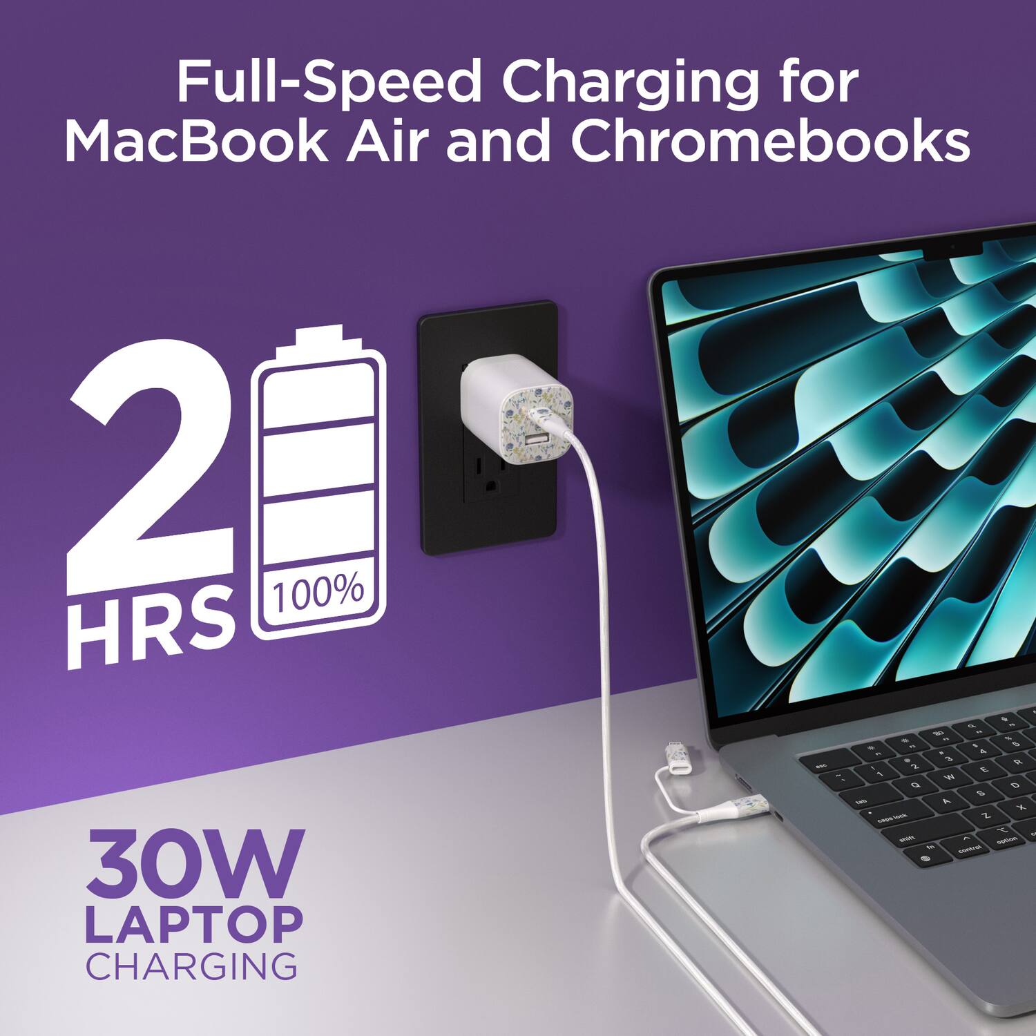 Full-Speed Charging for MacBook Air and Chromebooks  
2 HRS 100%  
30W LAPTOP CHARGING