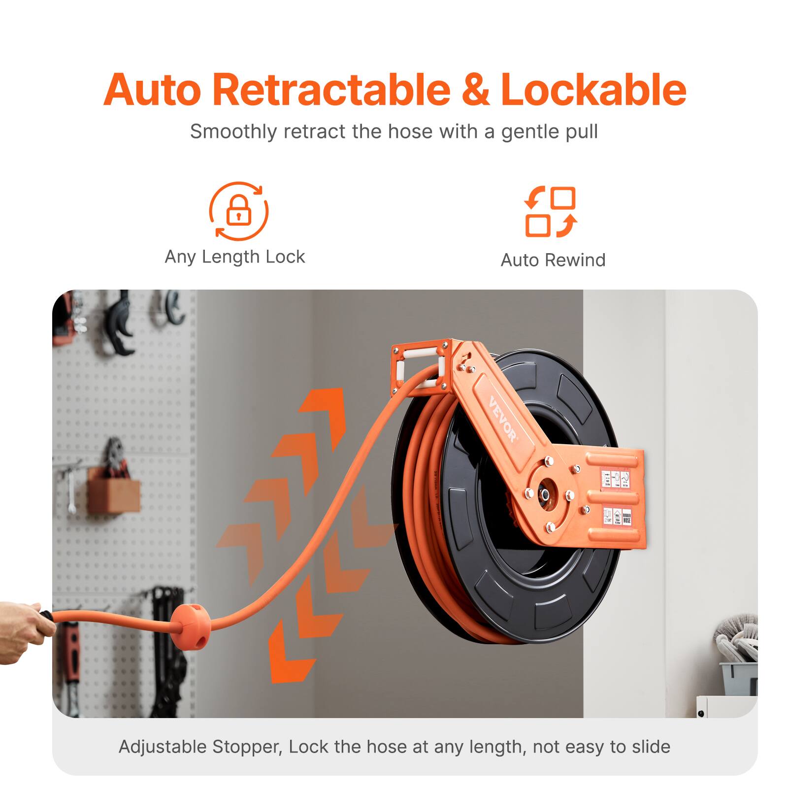 Auto Retractable & Lockable  
Smoothly retract the hose with a gentle pull  

Any Length Lock  
Auto Rewind  

Adjustable Stopper, Lock the hose at any length, not easy to slide