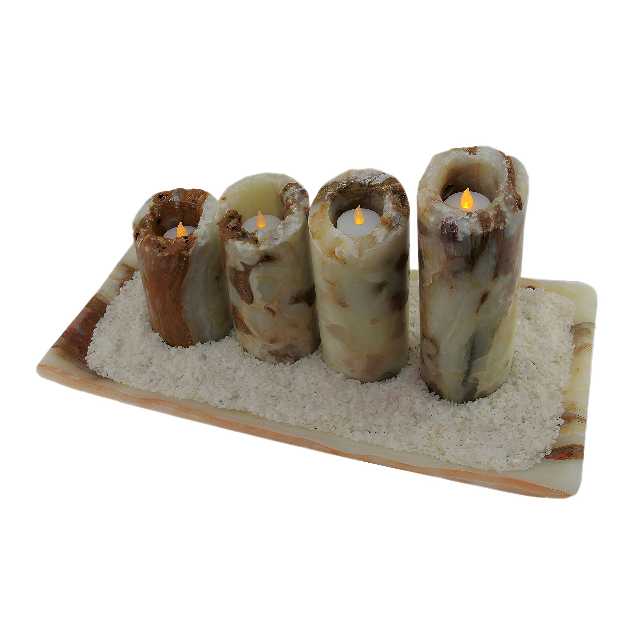 Alt View 1. Zeckos - Red and White Marble Artisan Hand Crafted 5 Piece Marble Candle and Tray Set - Multicolored.