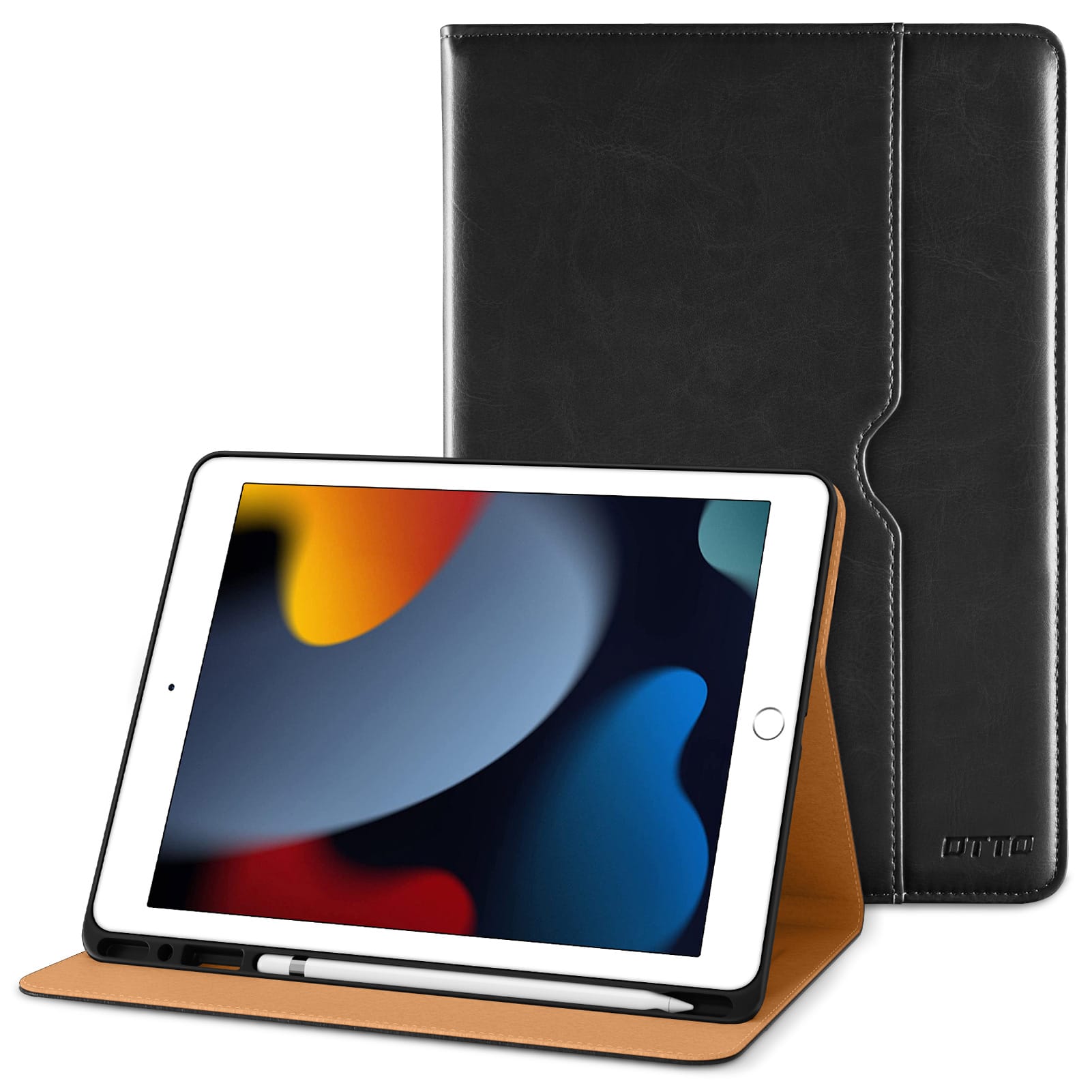 Front. DTTO - ​Case for iPad 9th/8th/7th Generation 10.2 Inch 2021/2020/2019, Premium Leather Folio Stand - Auto Wake/Sleep - Black.