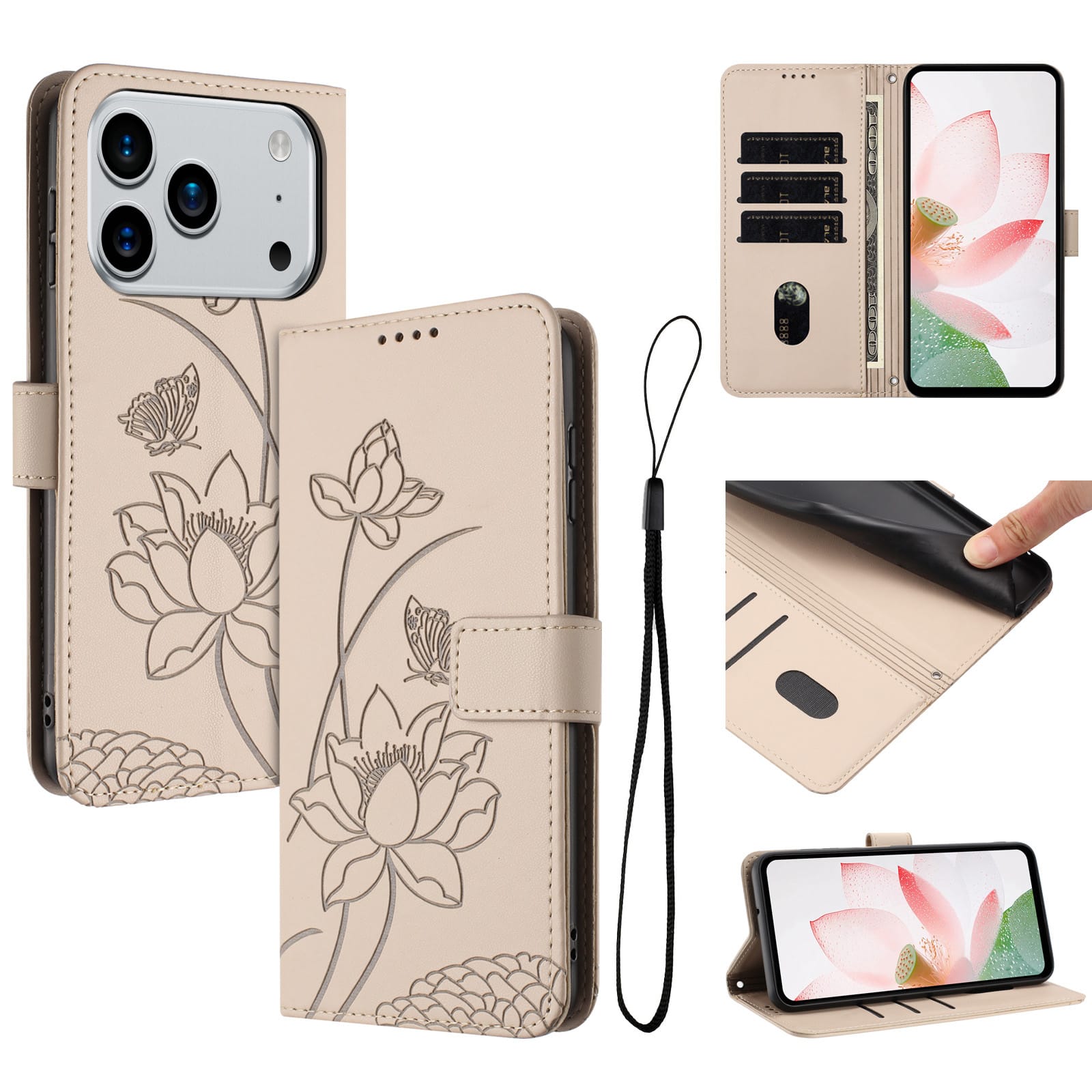 Dteck - Shockproof Wallet Case for Apple iPhone 17 Pro Max with Detachable Wrist Strap, Protective PU Leather Folio Stand Cover - Beige price history on PriceWatchPro