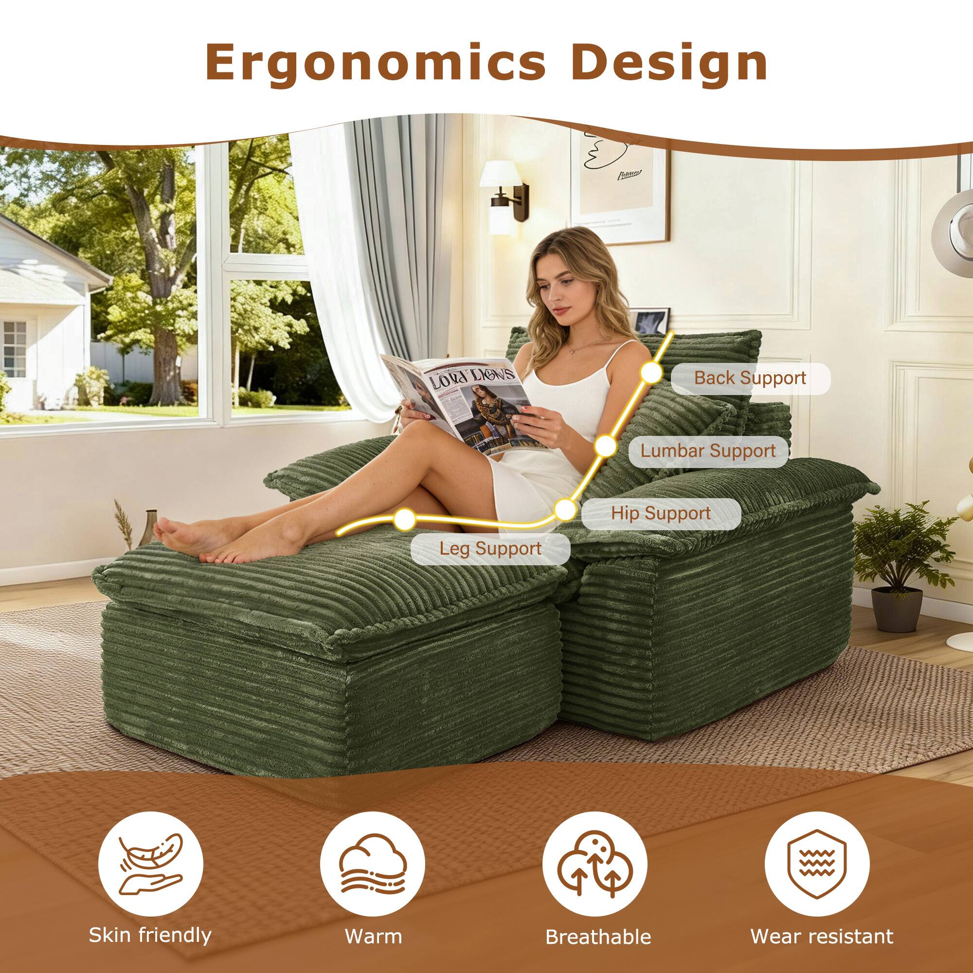 Ergonomics Design

- Back Support
- Lumbar Support
- Hip Support
- Leg Support

Skin friendly
Warm
Breathable
Wear resistant