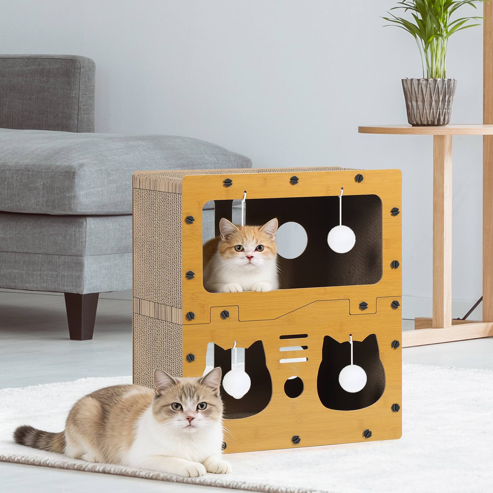 Alt View 1. Oumilen - 2-Tier Cat House with Scratcher Pad | Corrugated Cardboard Cat Condo with Pom Pom Toys, Indoor Cat Bed Hideaway.