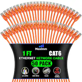 Maximm - Cat 6 Ethernet Cable 1 ft (50-Pack) - UTP, 10Gbps, 550MHz