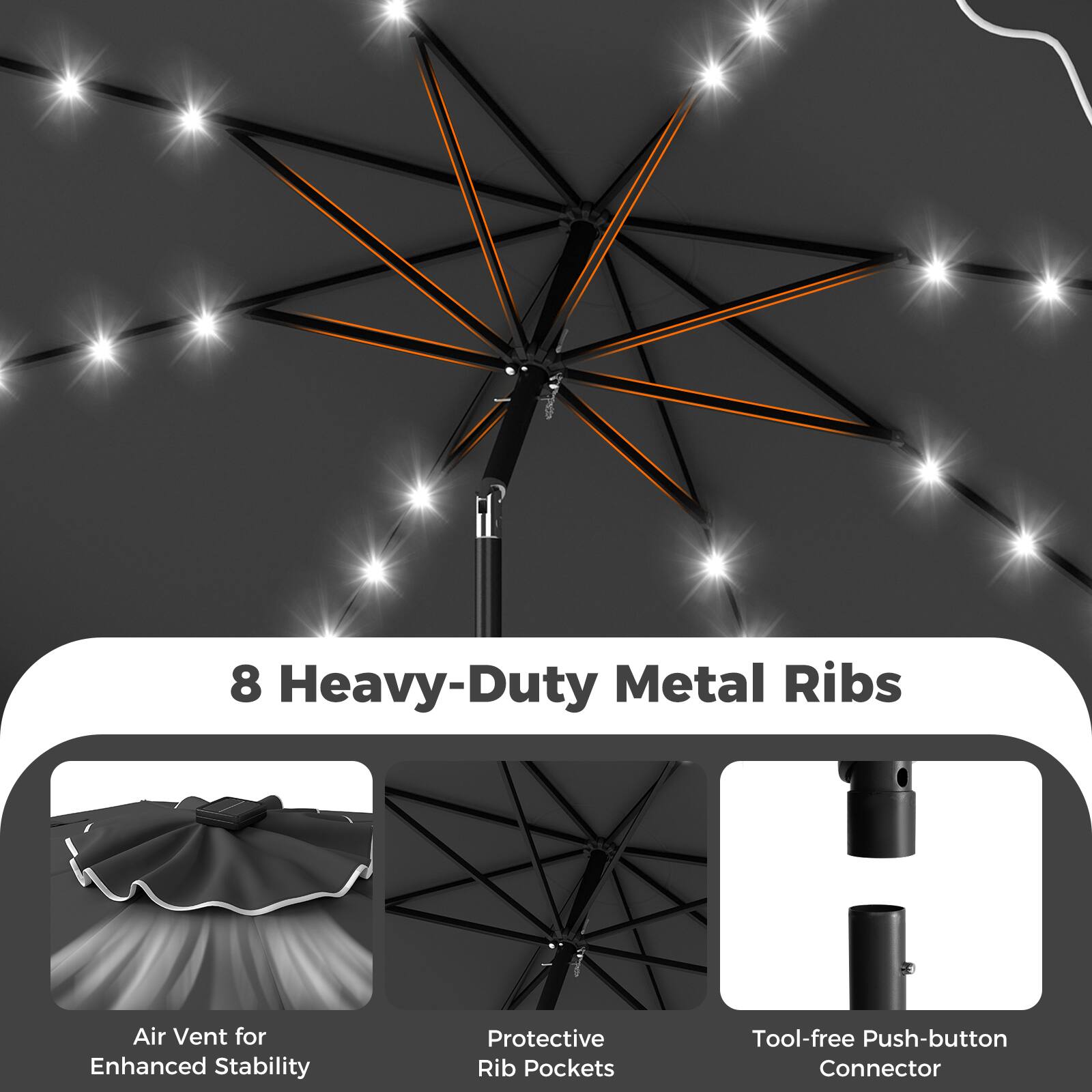 8 Heavy-Duty Metal Ribs  
Air Vent for Enhanced Stability  
Protective Rib Pockets  
Tool-free Push-button Connector