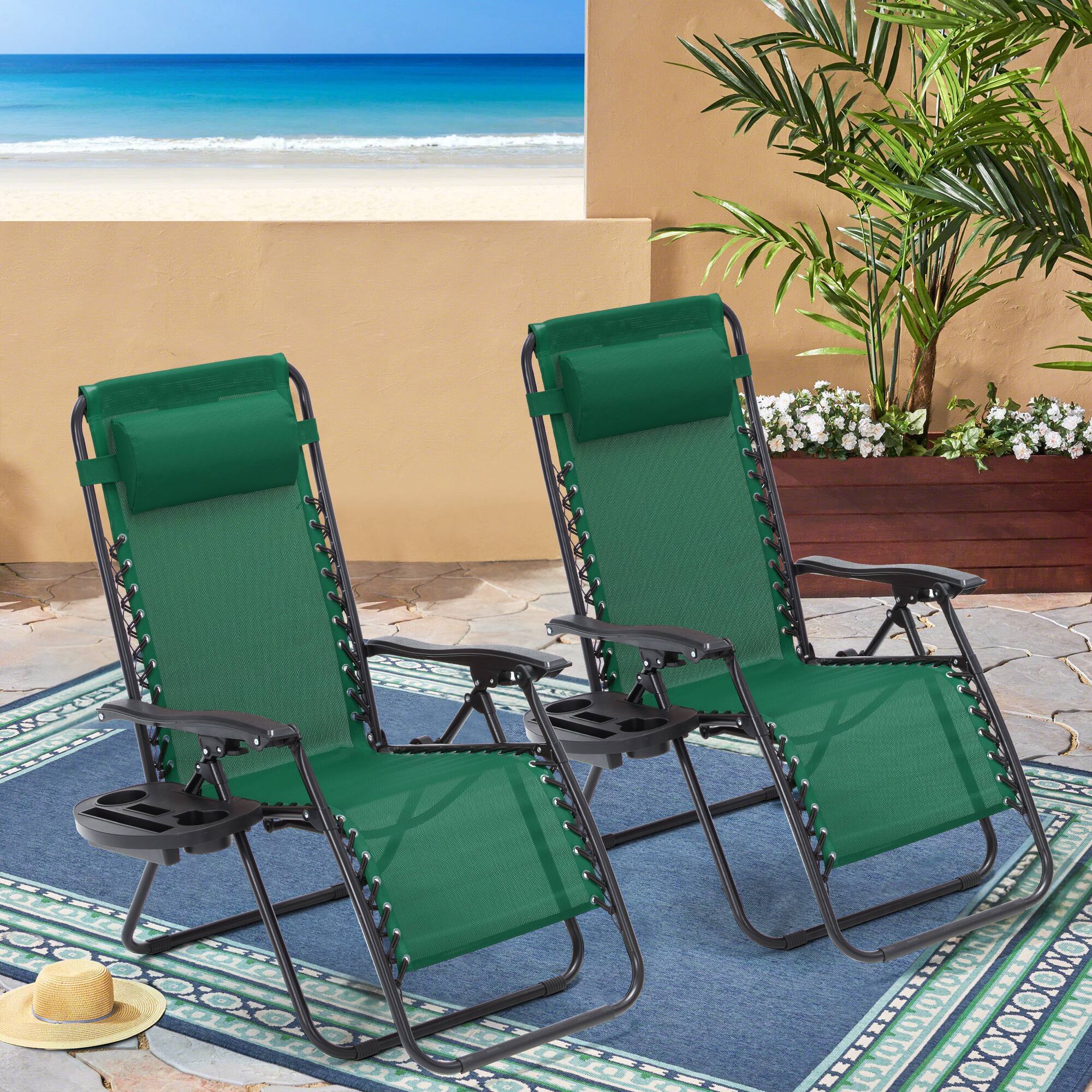 Angle. U-HOMY - Zero Gravity Reclining Lounge Chair Set of 2 Outdoor Folding Recliners with Cup Holder and Weather Resistant Fabric - Forest Green.