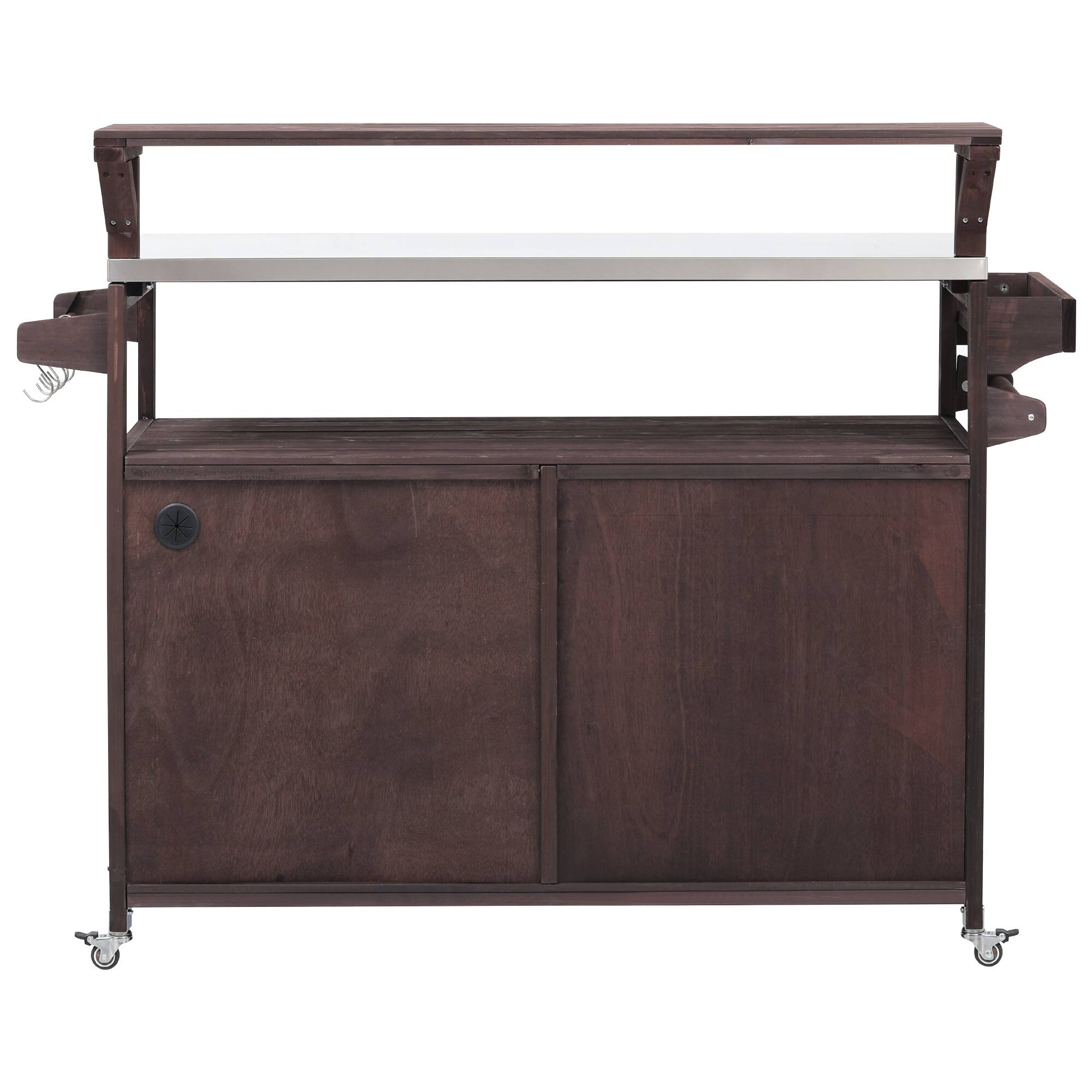 Back. PexFix - 53.3" Outdoor Kitchen Island with Raised Shelf & Stainless Top, Wood Grill Cart with Adjustable Shelf & Spice Rack - Brown.