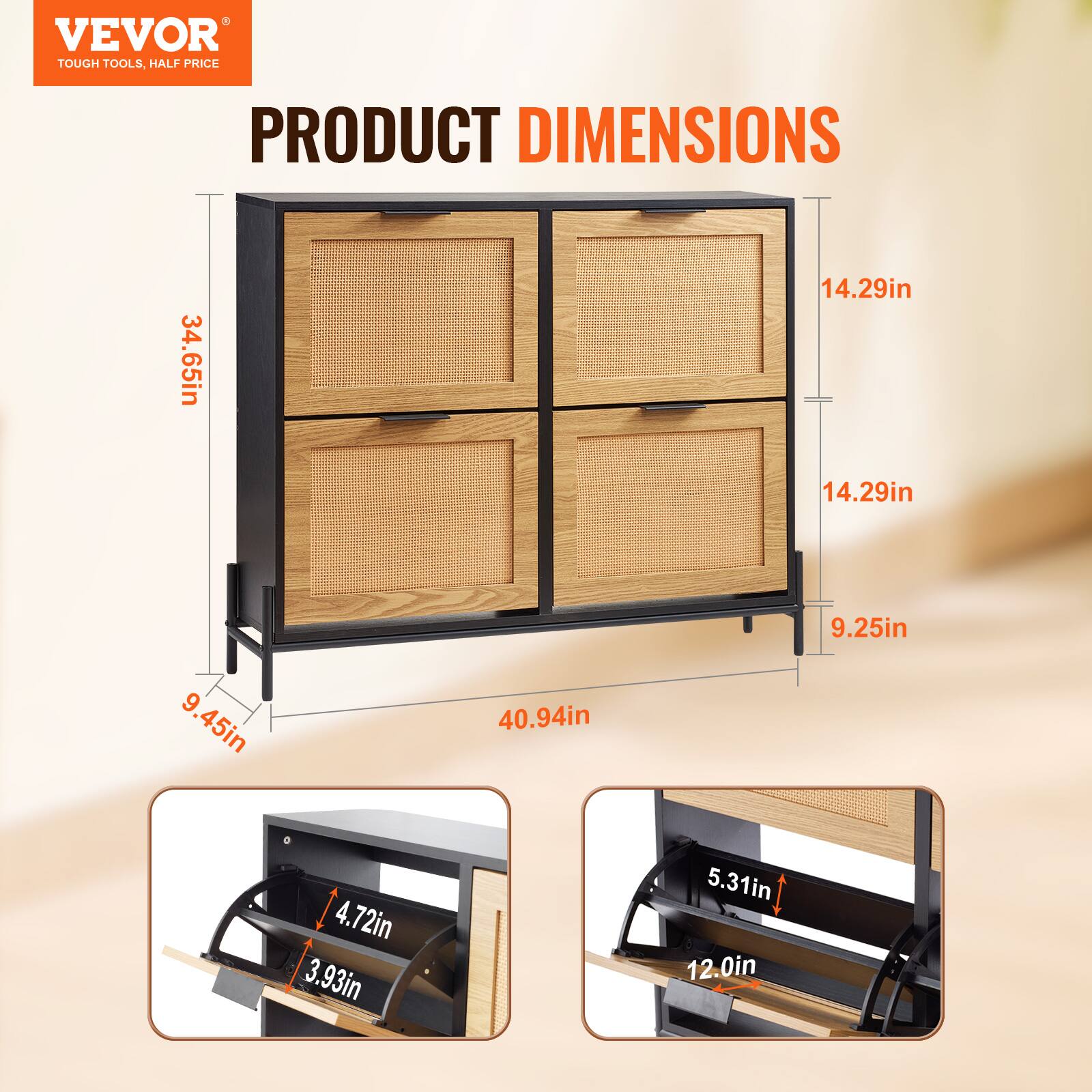 VEVOR  
TOUGH TOOLS, HALF PRICE  

PRODUCT DIMENSIONS  

- Height: 34.65in  
- Width: 40.94in  
- Depth: 14.29in  
- Shelf Depth: 9.25in  
- Drawer Height: 9.45in  
- Drawer Width: 14.29in  
- Drawer Depth: 14.29in  
- Drawer Height: 9.25in  
- Drawer Width: 14.29in  
- Drawer Depth: 14.29in  
- Drawer Height: 9.25in  
- Drawer Width: 14.29in  
- Drawer Depth: 14.29in  
- Drawer Height: 9.25in  
- Drawer Width: 14.29in  
- Drawer Depth: 14.29in  
- Drawer Height: 9.25in  
- Drawer Width: 14.29in  
- Drawer Depth: 14.29in  
- Drawer Height: 9.25in  
- Drawer Width: 14.29