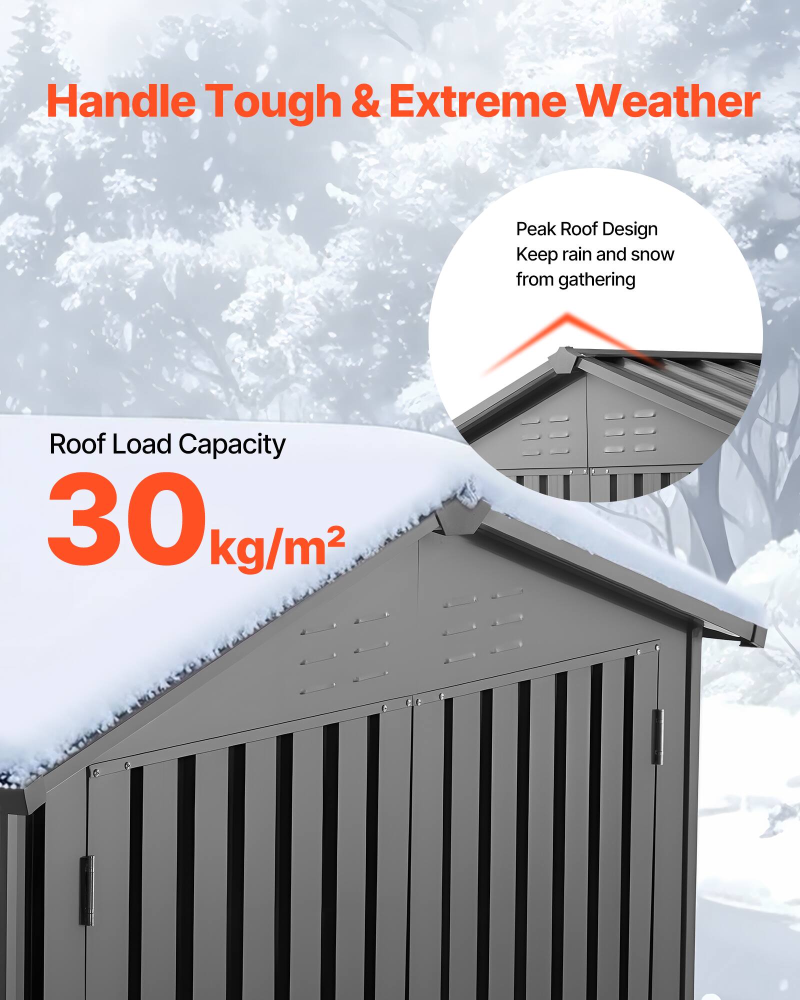 Handle Tough & Extreme Weather

Peak Roof Design
Keep rain and snow from gathering

Roof Load Capacity
30 kg/m²