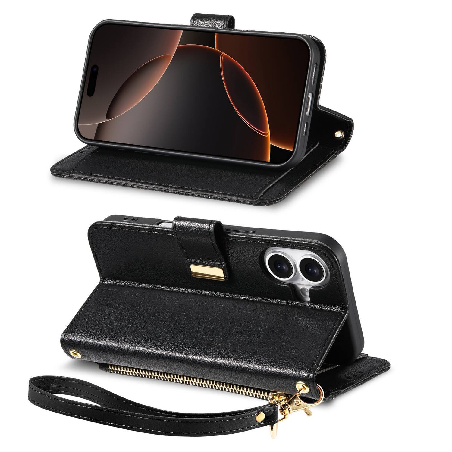Alt View 9. UUCOVER - Floral PU Leather Wallet Case for iPhone 16 Plus with Zipper Pocket, Card Slots,Shoulder & Wrist Strap, Stand Cover - Black.