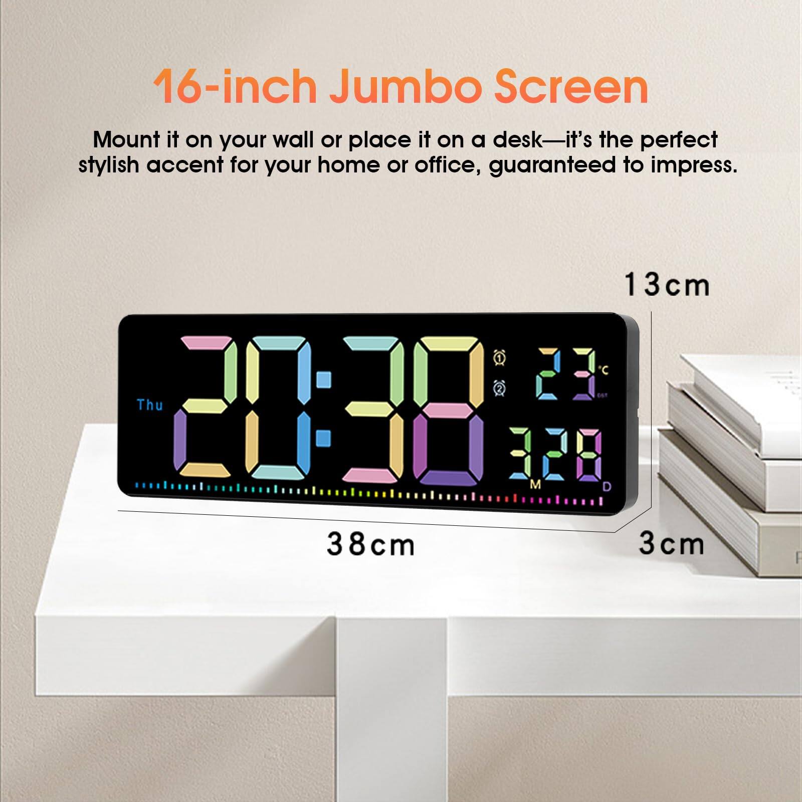 16-inch Jumbo Screen  
Mount it on your wall or place it on a desk—it's the perfect stylish accent for your home or office, guaranteed to impress.  

13 cm  
38 cm  
3 cm