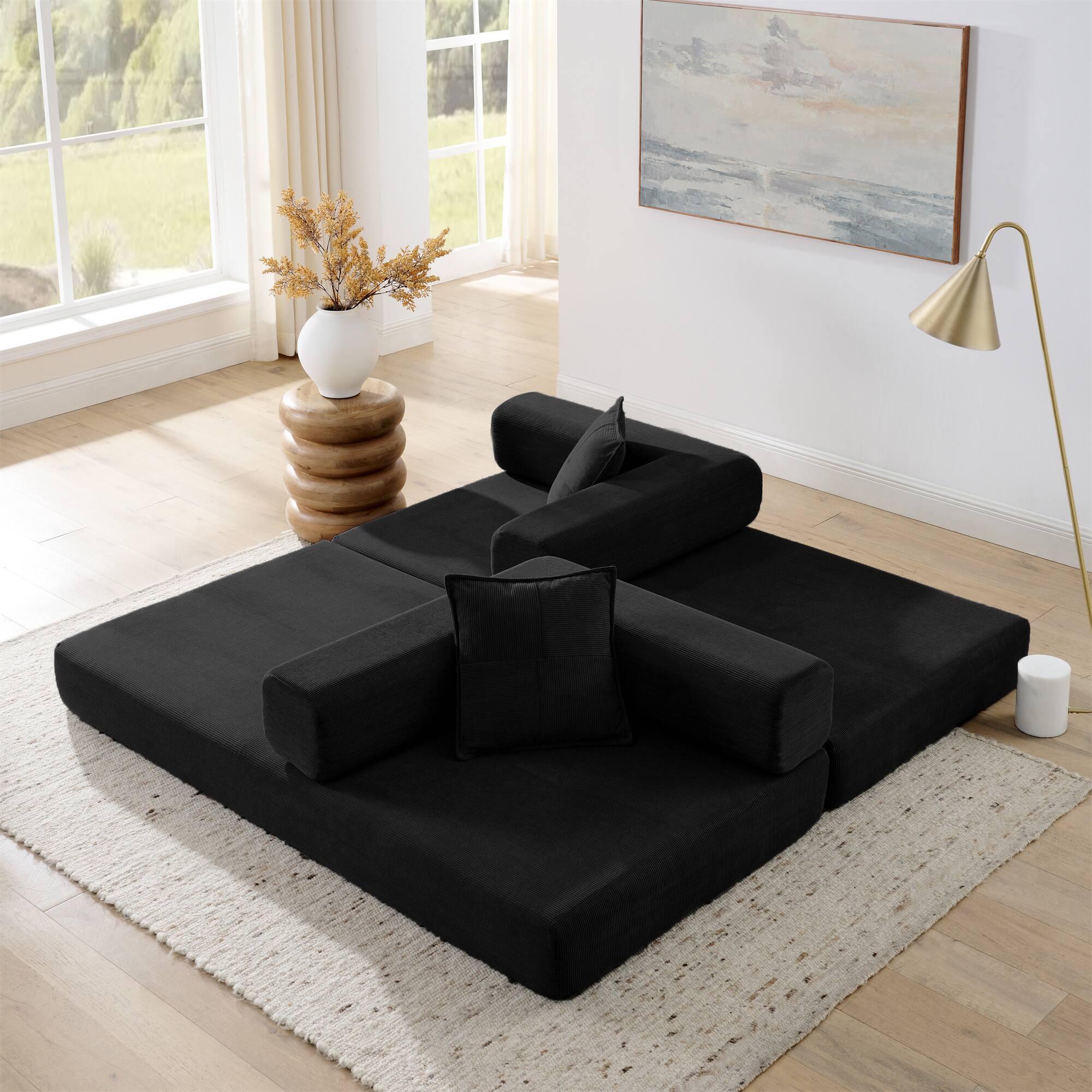 Left. Trinkets Crazed - 4-In-1 Free Combination Loveseat Convertible Sleeper Sofa Bed Floding Futon Couch Corduroy Modular Sofa Couch - Black.