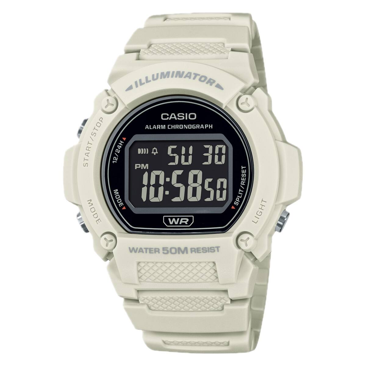 ILLUMINATOR  
CASIO  
ALARM CHRONOGRAPH  
START/STOP  
12/24H  
PM  
10:5850  
SPLIT/RESET  
MODE  
WR  
LIGHT  
WATER 50M RESIST