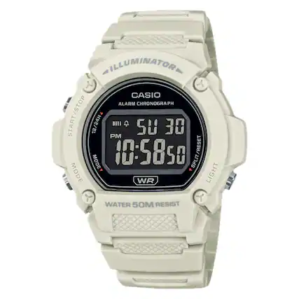 ILLUMINATOR
CASIO
ALARM CHRONOGRAPH
START/STOP
12/24H
PM
10:5850
SPLIT/RESET
MODE
WR
LIGHT
WATER 50M RESIST