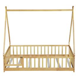 GOODSILO - Full Size Tent-Shaped Wooden Floor Bed with Guardrails, Slats, and Entry Door - Natural