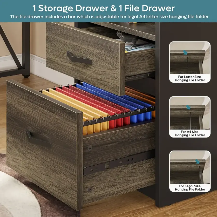 The image features a wooden storage drawer and a file drawer. The file drawer includes a bar that is adjustable for legal A4 letter size hanging file folders. The storage drawer is designed to hold and organize various items, such as documents, office supplies, and other belongings. The drawer is made of high-quality materials and is built to last, providing a practical and efficient solution for organizing and storing items in a home or office setting.