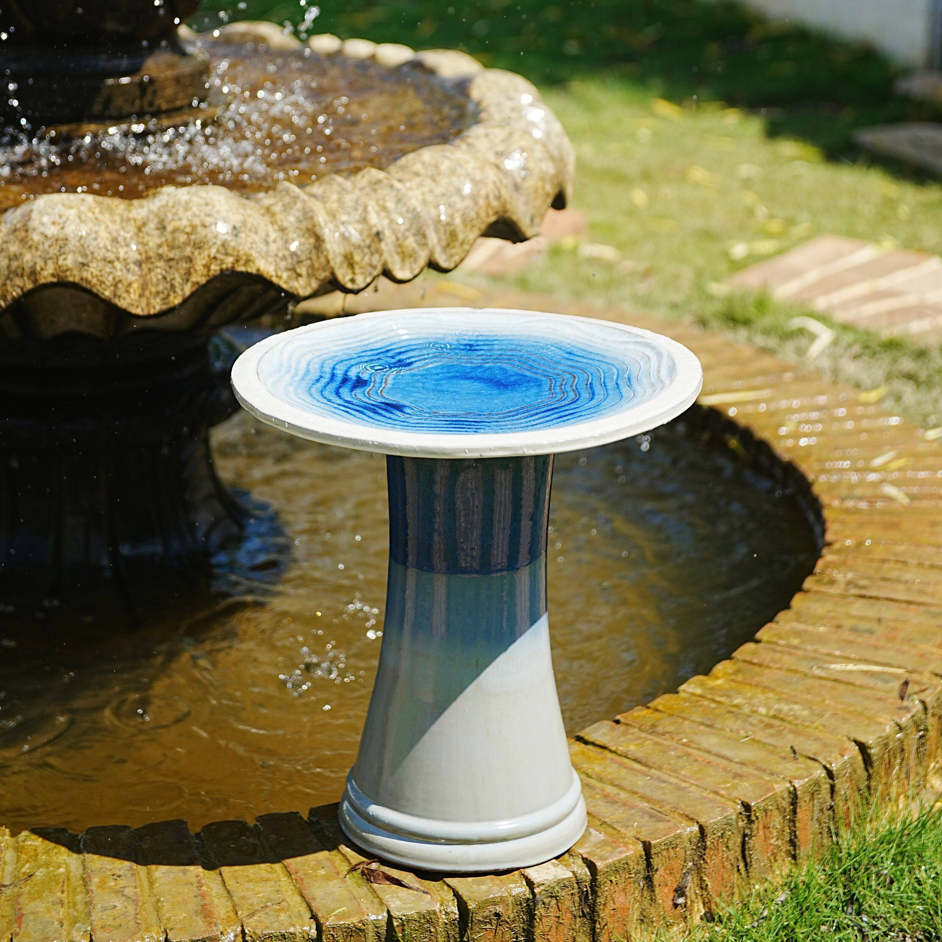 Front. Loheer - 17 Inch Ceramic Bird Bath Pedestal Stand Handcrafted Swirl Pattern Lightweight Outdoor Garden Decor for Wild Birds - Sapphire Blue + Sky Blue + Ceramic.