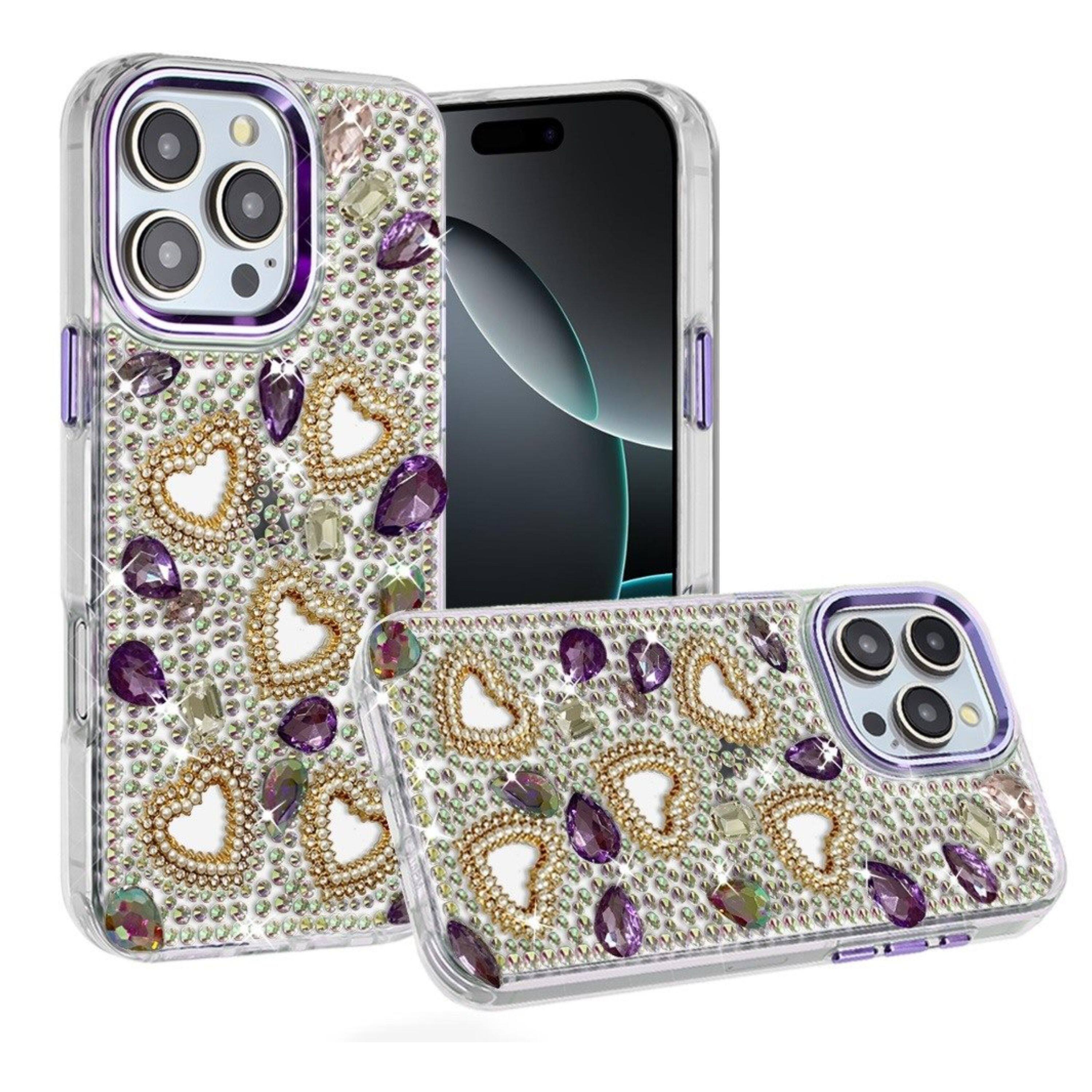 Angle. Kitcheniva - Hearts 3D Jewel Phone Case With Tempered Glass For iPhone 16 Pro Max Dark Purple - Dark Purple.