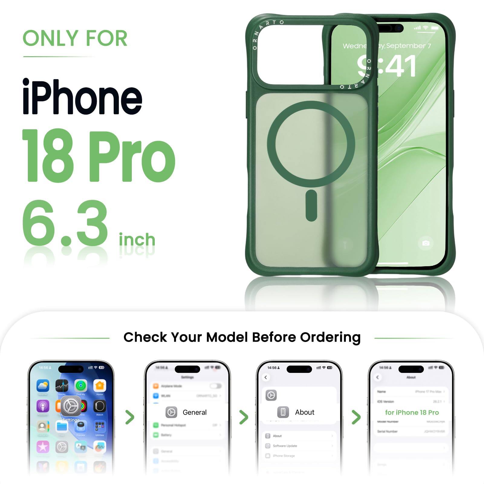ONLY FOR iPhone 18 Pro 6.3 inch you!

ORNARIC

all Wednesday, September 7 9:41

Check Your Model Before Ordering

14:56

About
Getting
net
General Hotopot
About
for iPhone 18 Pro INCUPTIONS
LACCONE
0 About
Total number

M
1 Software Update
iPhone Storage