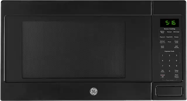 The text on the image reads: "Sensor Cooking Dinner Reheat Beverage Plate Popcorn Vegetable Potato Defrost Pizza Weight/Time Power Level Cook Time Add 30 Sec Express Cook 1 2 3 4 5 6 7 8 9 Set Clock 0 Timer On/OR Cancel Off Start Pause Door Unlock."