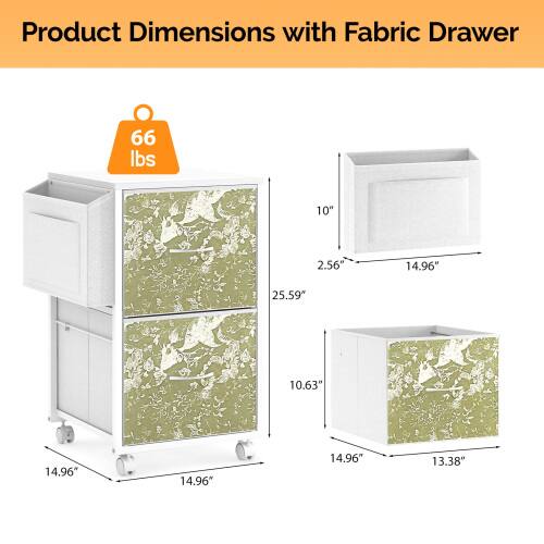 Product Dimensions with Fabric Drawer

- Weight: 66 lbs
- Height: 25.59"
- Width: 14.96"
- Depth: 14.96"
- Drawer 1 Height: 10.63"
- Drawer 1 Width: 14.96"
- Drawer 1 Depth: 14.96"
- Drawer 2 Height: 10"
- Drawer 2 Width: 14.96"
- Drawer 2 Depth: 13.38"