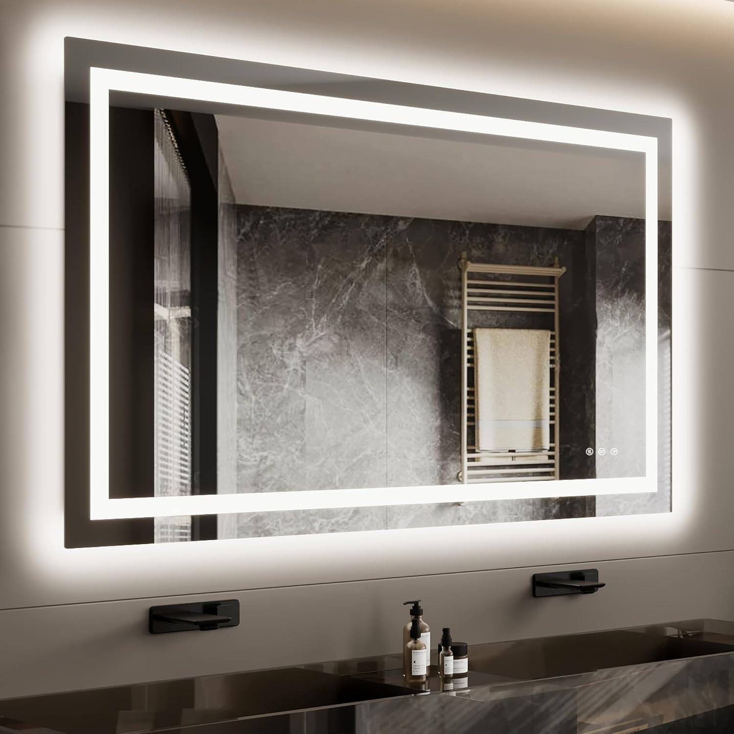 Left. Homhougo - Anti-Fog LED Bathroom Mirror Dimmable Front+Back Lit Tempered Glass ETL.